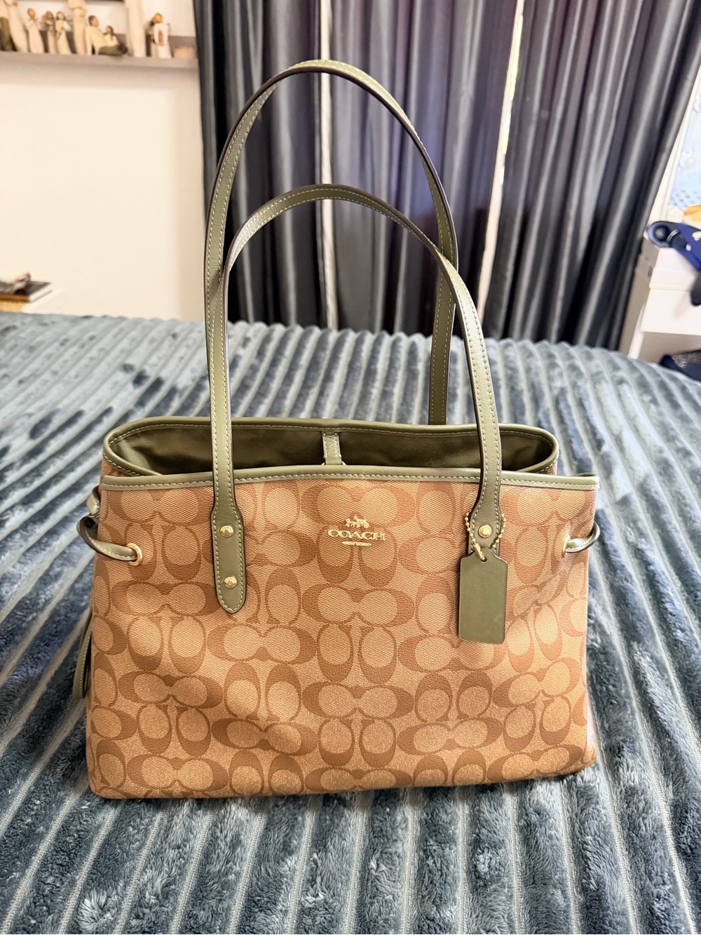 Coach Tan Signature Tote with Olive Trim
